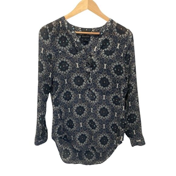 Lucky Brand Blue Floral Mix Print Sheer Long Sleeve Top Size XS Boho Peasant - Picture 1 of 10
